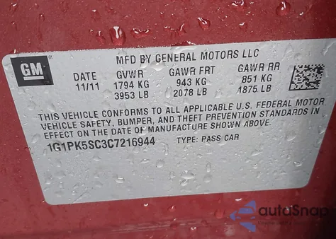 2012 Chevrolet Cruze Eco z USA, uszkodzony, nr VIN 1G1PK5SC3C7216944